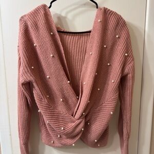 Pink Knitted Sweater with Pearl Accents